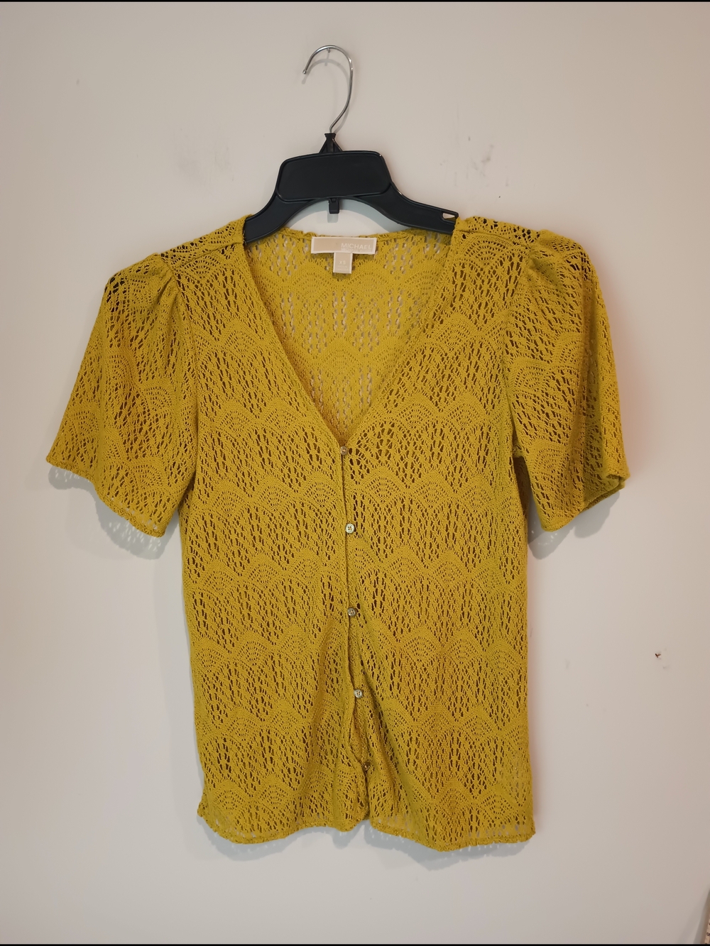 MICHAEL Michael Kors Top XS Yellow Crochet Lace Cardigan Short Sleeve Button Up